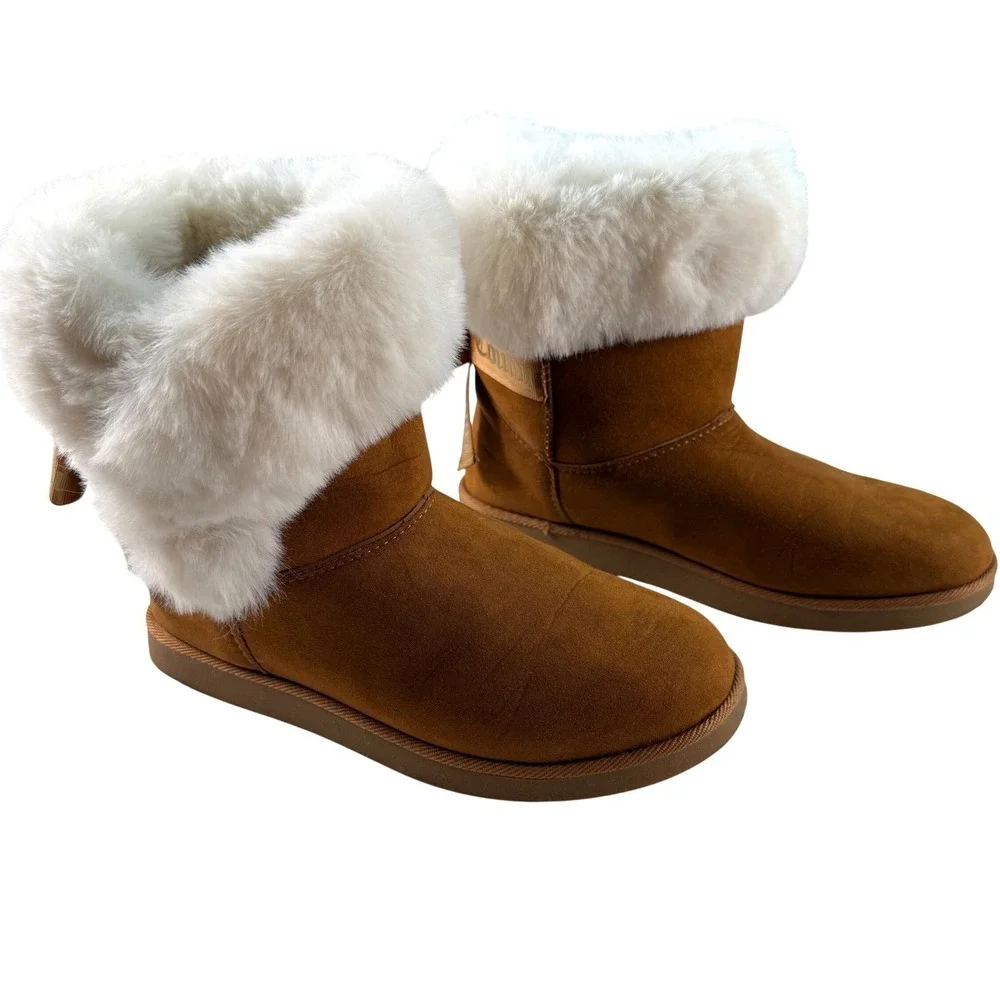 Juicy Couture Faux Fur Cuff Ankle Brown Boots Cozy Winter Style Women's Size 7